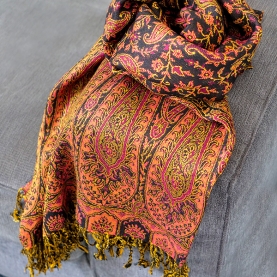 Indian knitted scarf Mangoes design black and yellow