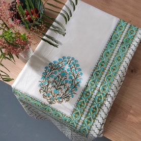 Nappe indienne en coton imprimée bleue et verte