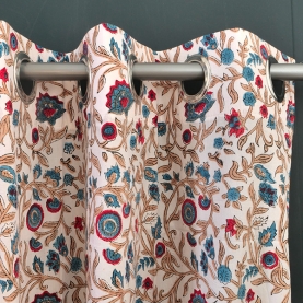 Rideau indien en coton imprimé bleu et blanc