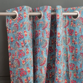 Rideau indien en coton imprimé bleu et rouge