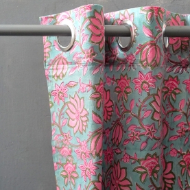 Indian printed cotton curtain cyan and pink