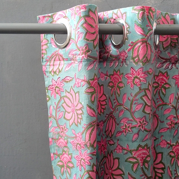 Indian printed cotton curtain cyan and pink