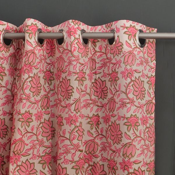 Rideau indien en coton imprimé rose et blanc