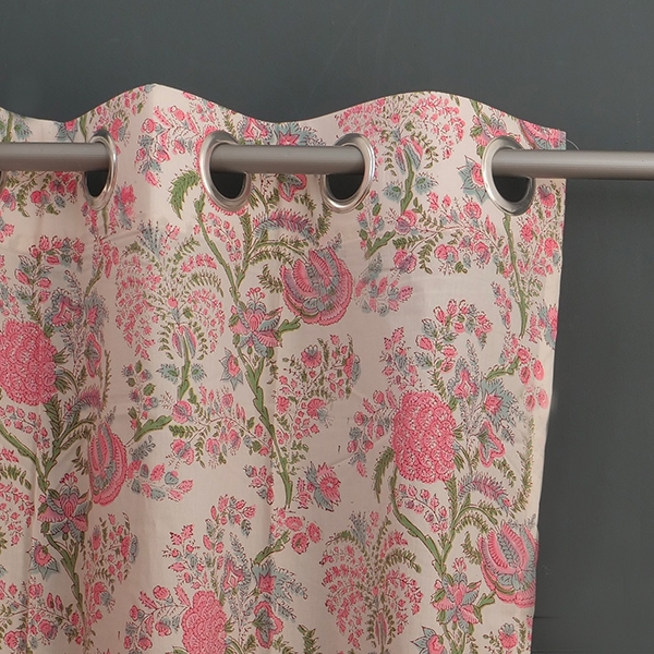 Rideau indien en coton imprimé rose et vert