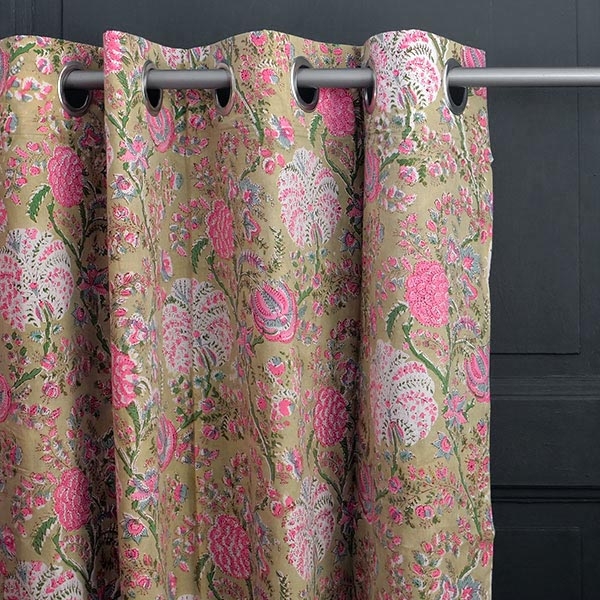 Rideau indien en coton imprimé vert et rose