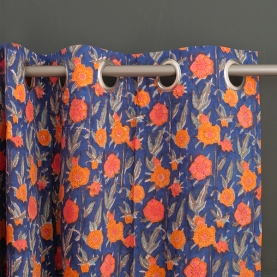 Rideau indien en coton imprimé marine et orange