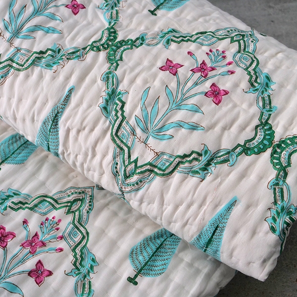 Couette indienne végétale en coton Rajai cyan et rose