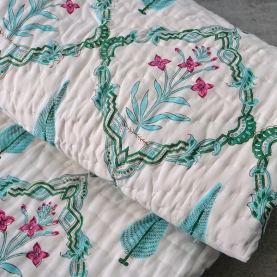 Couette indienne végétale en coton Rajai cyan et rose