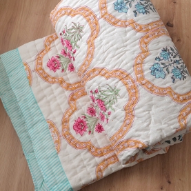 Indian traditional cotton quilt Rajai cyan and orange