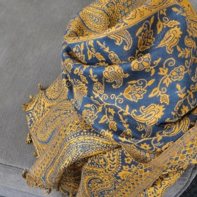 Echarpe indienne tissage floral bleu et doré
