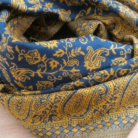 Echarpe indienne tissage floral bleu et doré