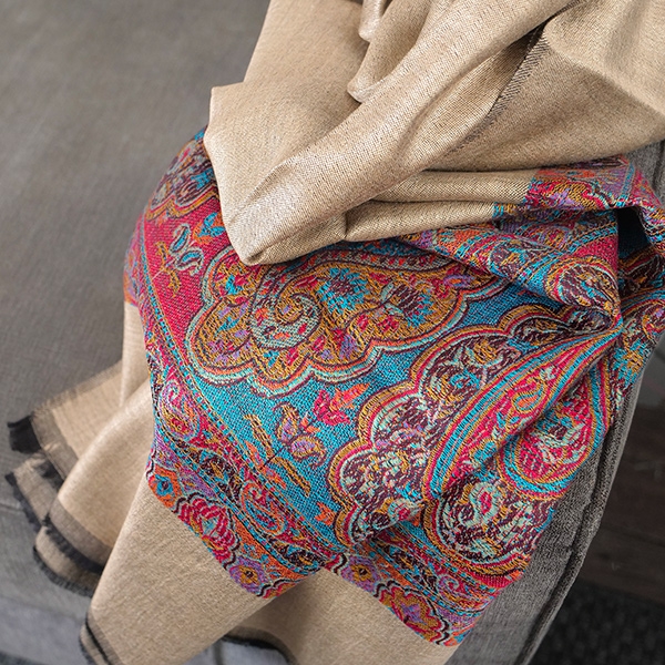 Echarpe indienne tissée Jamawar beige et marron