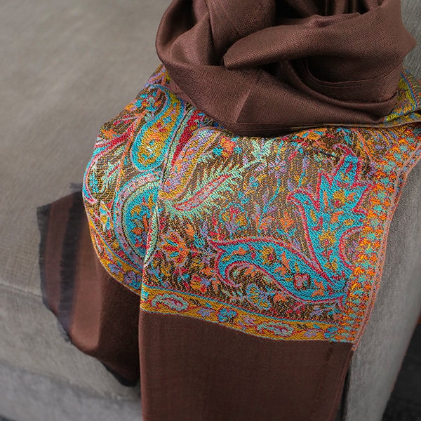 Echarpe indienne tissée Jamawar marron
