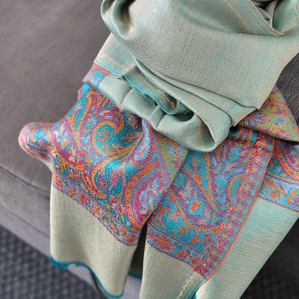 Echarpe indienne tissée Jamawar verte et cyan