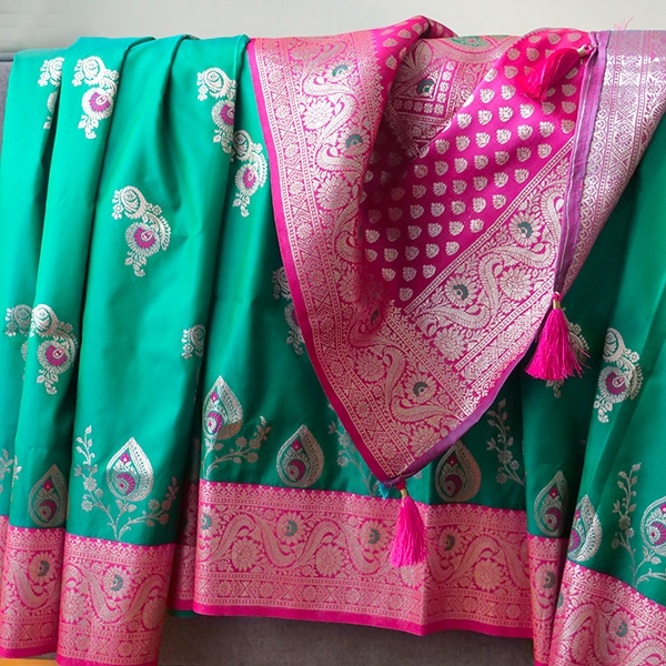 Indian saree satin fabric green and pink