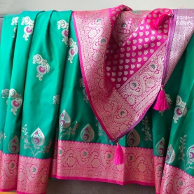 Indian saree satin fabric green and pink