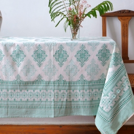 Nappe indienne en coton imprimée verte et blanche
