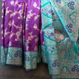 Indian saree satin fabric purple and green