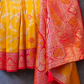 Indian saree satin fabric yellow and red