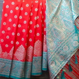 Indian saree satin fabric red and green