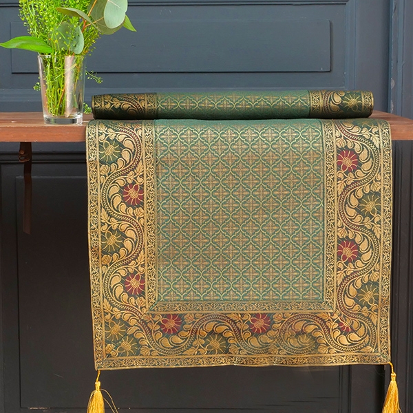 Indian handcrafted table runner Sandhya dark green