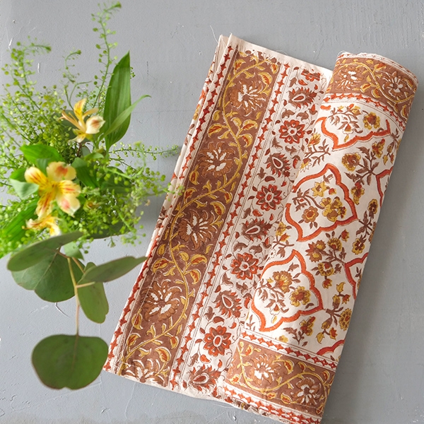 Indian handcrafted cotton table runner beige and ocher