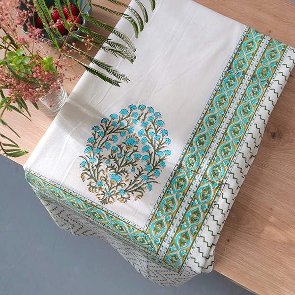 Indian printed cotton table cover blue and green