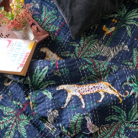 Indian handcrafted cotton bed cover Kantha dark blue