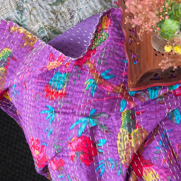 Indian handcrafted cotton bed cover Kantha purple