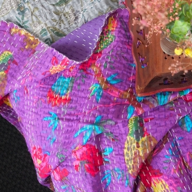 Indian handcrafted cotton bed cover Kantha purple