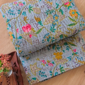 Indian handcrafted cotton bed cover Kantha grey