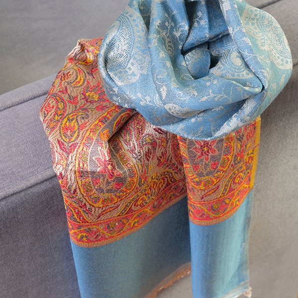 Echarpe indienne tissée Jamawar bleu gris