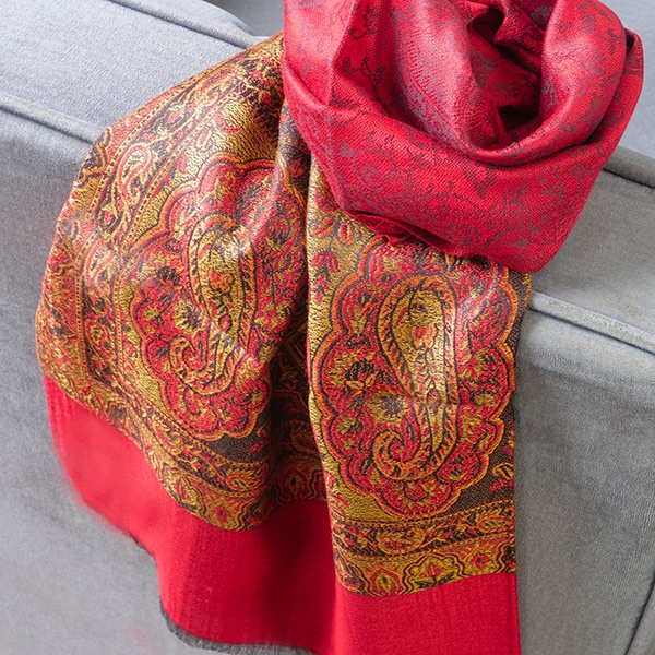 Echarpe indienne tissée Jamawar rouge