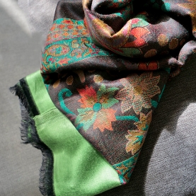 Indian knitted scarf Flowers brown and green