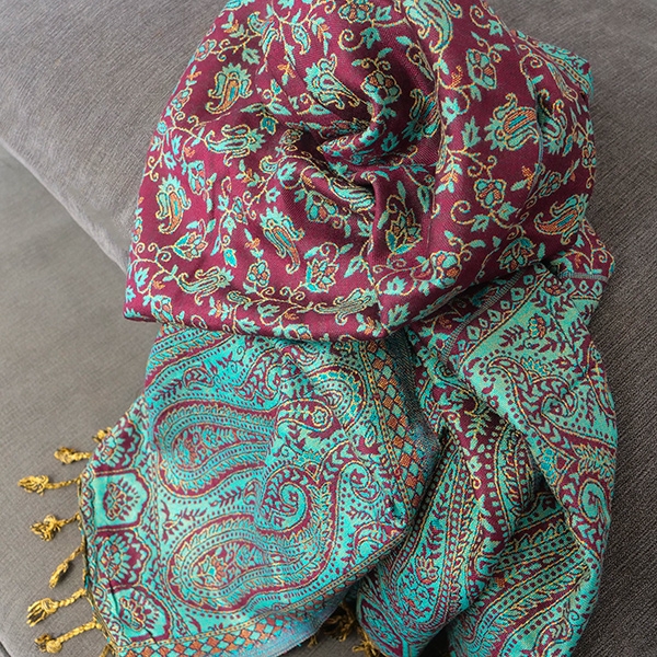 Indian knitted scarf Flowers maroon and cyan