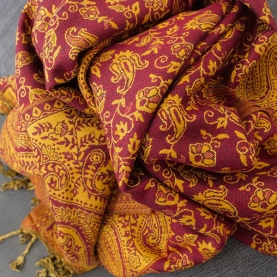 Echarpe indienne tissage floral bordeaux et jaune