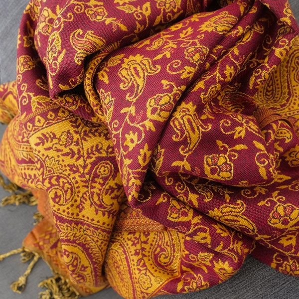 Echarpe indienne tissage floral bordeaux et jaune