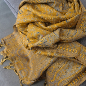 Echarpe indienne tissage floral jaune et bleu