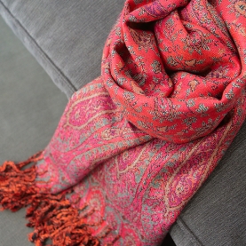 Indian knitted scarf Flowers red and cyan