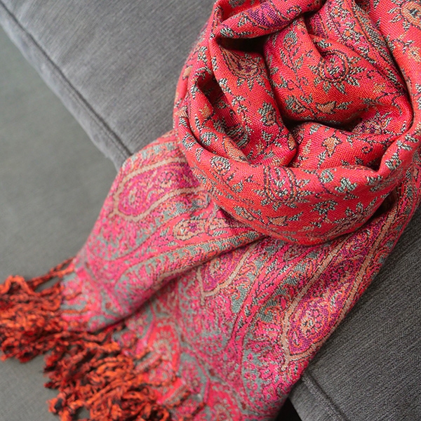 Indian knitted scarf Flowers red and cyan