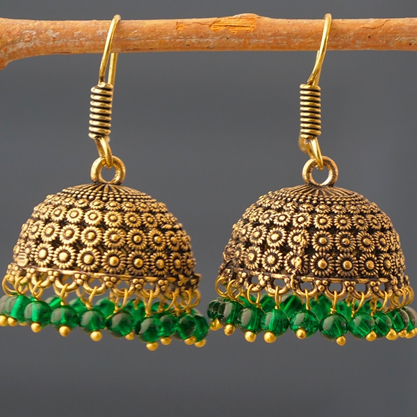 Indian earrings Jhumki jewels golden and green