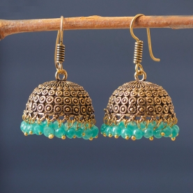 Boucles d'oreilles indiennes Jhumki dorées et cyans