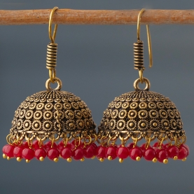 Boucles d'oreilles indiennes Jhumki dorées et rouges