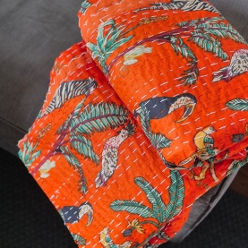 Indian handcrafted cotton bed cover Kantha orange