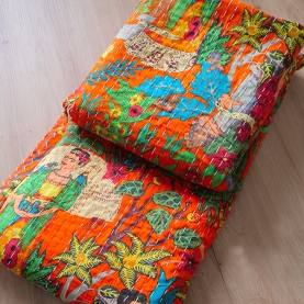 Dessus de lit indien Kantha artisanal en coton imprimé orange
