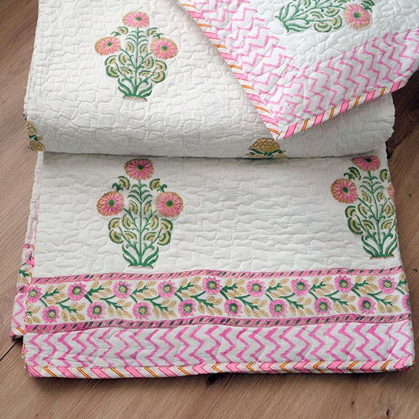Indian traditional cotton Comforter + pillow green and pink