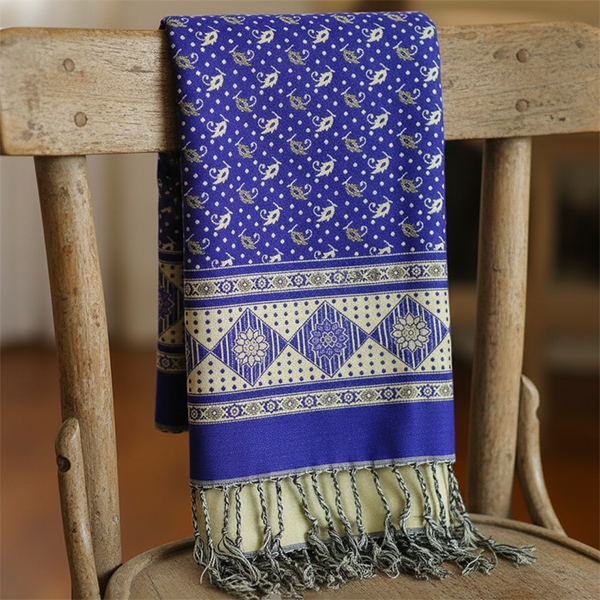 Indian mixed cotton shawl navy blue and white