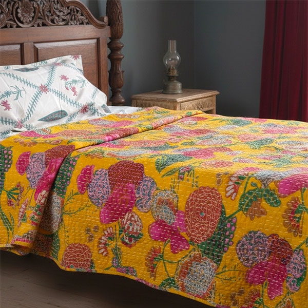 Indian handcrafted cotton bed cover Kantha yellow