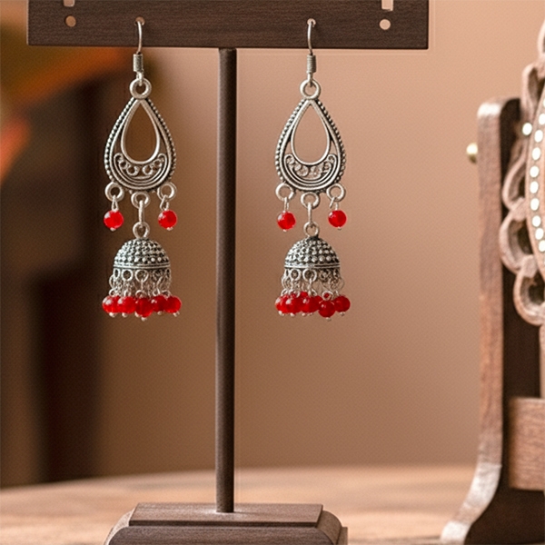 Indian earrings silvered and red Jhumki jewels