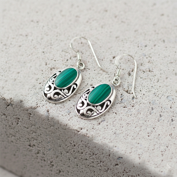 Boucles d'oreilles indiennes argent et malachites